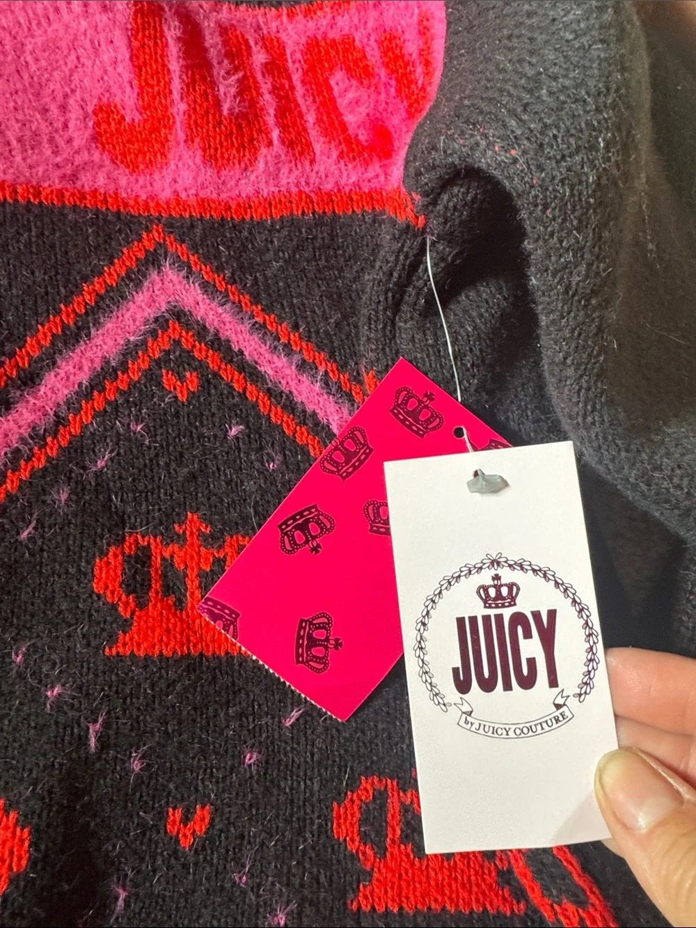 NWT Juicy Couture Black, Hot Pink & Red Crown Logo Knit Sweater rare liquorice